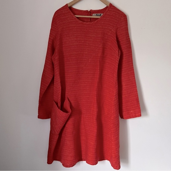 FLAX Vibrant Burnt Orange Textured Lagenlook 100% Linen Dress Slouch Pocket S - Picture 1 of 14